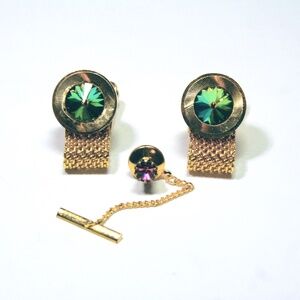 Mens Vintage Cufflinks and Tie Pin Set with Rivoli Rhinestones